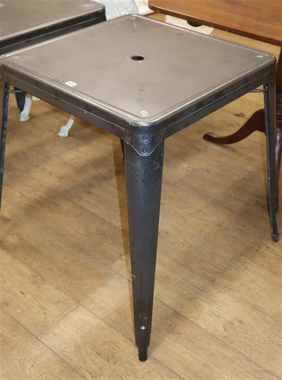 A Tolix metal garden table with hole for parasol W.65cm
